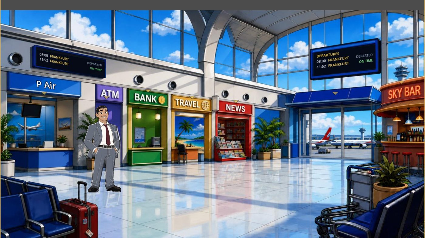 In-game concourse — storefronts for the bank, travel agency, newsstand and sky bar, with a departures board overhead